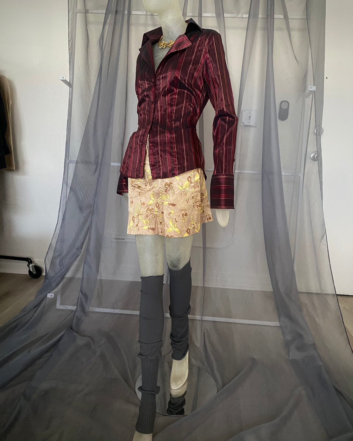 gold stripe burgundy button up