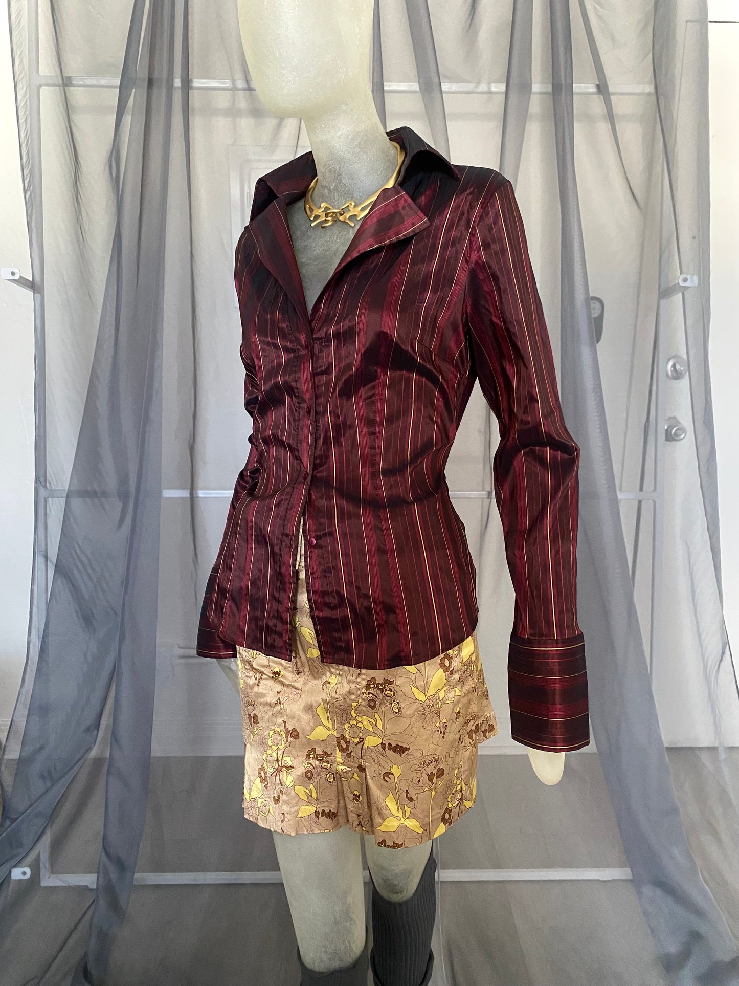 gold stripe burgundy button up