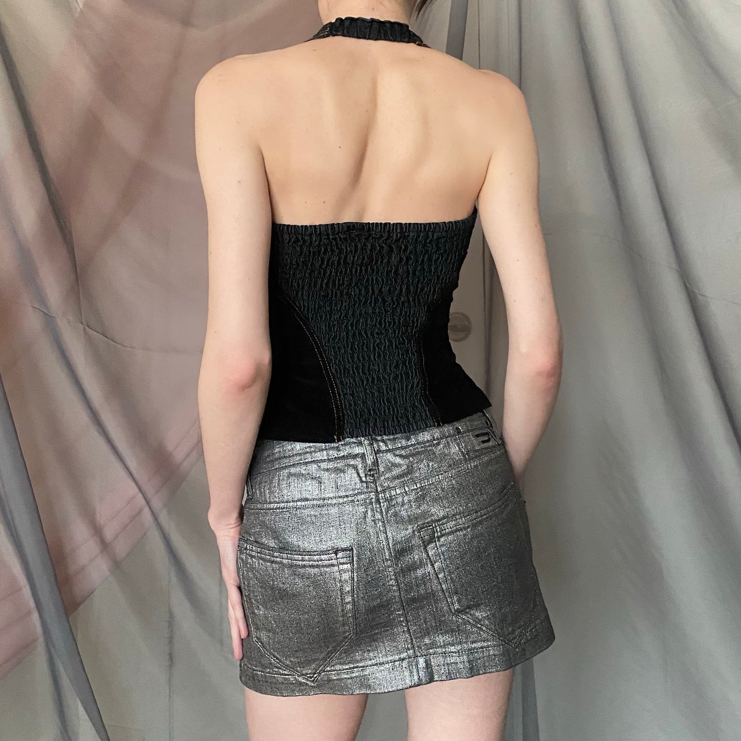 denim and velvet halter top