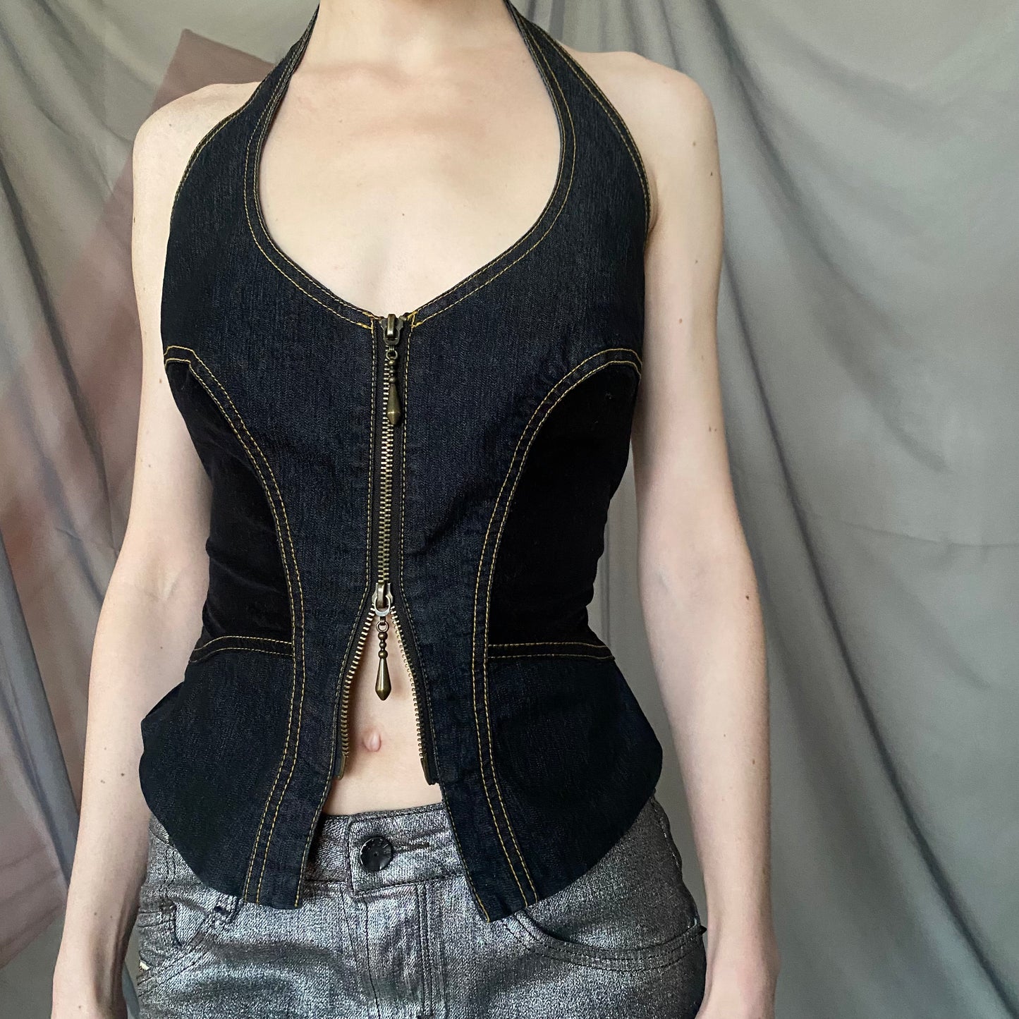 denim and velvet halter top